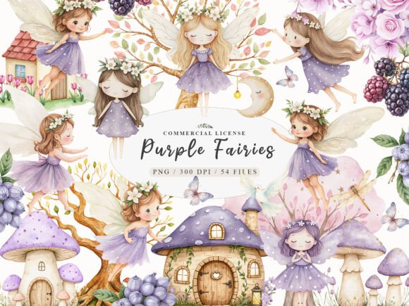 Download Watercolor Magical Garden Purple Fairies - Garden Collection